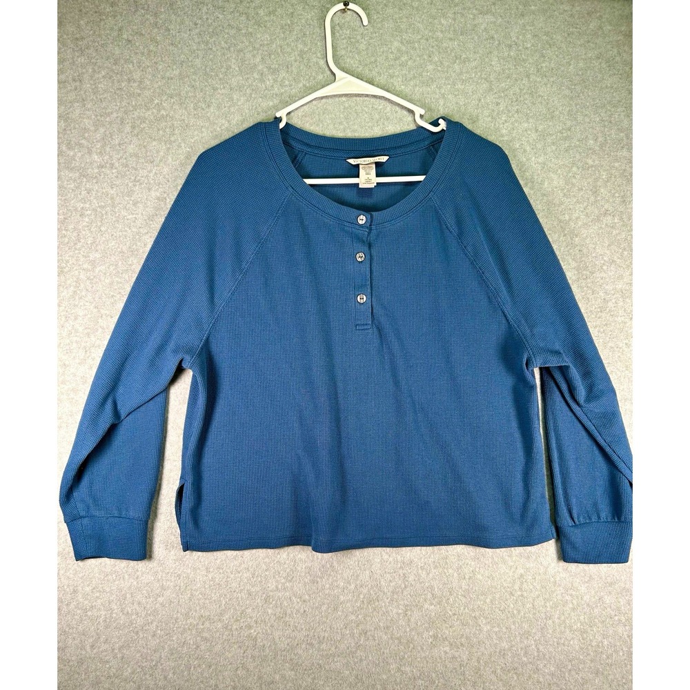 Victoria's Secret Womens M Blue Solid Waffle Knit Henley Button Long Sleeve Top